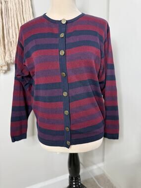 Womens vtg 80s Burgundy Blue Purple Stripe Gold crest Buttons Cardigan Sweater M